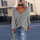 Casual Loose V Neck Sweaters Over-Sized T-shirts Tops - Veooy