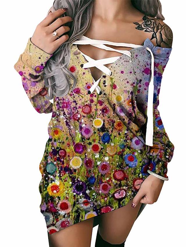 Women's Shift Dress Short Mini Dress Long Sleeve Geometric Floral Print Fall Summer Hot Sexy Rainbow S M L XL XXL 3XL