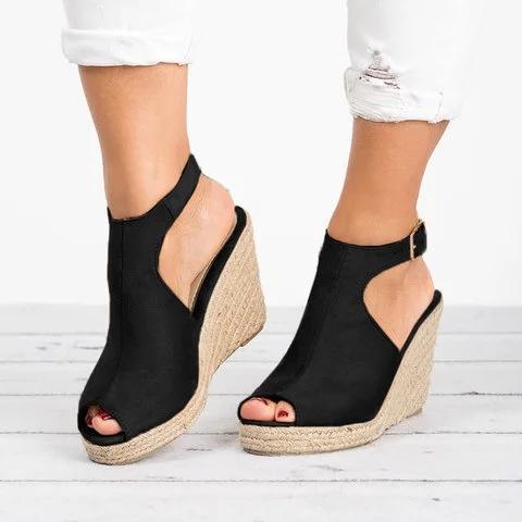 Espadrille Wedge Heel Sandals Adjustable Buckle Peep Toe Sandals - Veooy