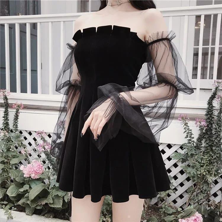 Black Velvet Off-shoulder Mesh Sleeved High Waist Pleated Dress