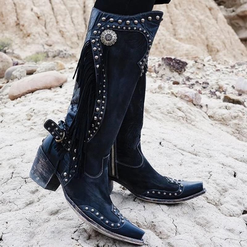 Women Vintage Tassel Western Boots With Zipper *