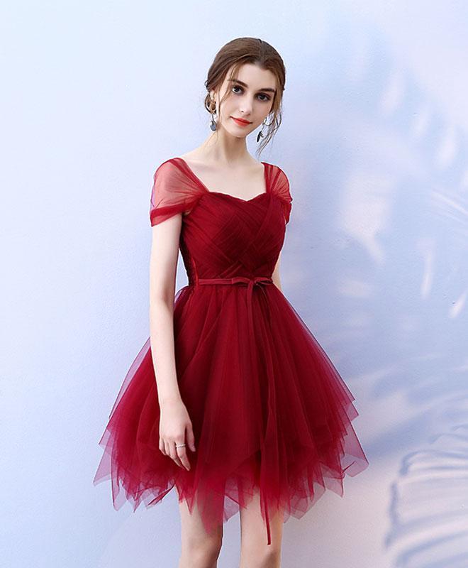 Cute Burgundy Tulle Short Prom Dress - Veooy