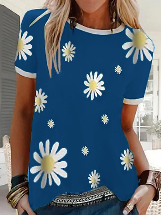 Women's T-shirt Floral Graphic Prints Flower Round Neck Tops Basic Top Black Blue Red