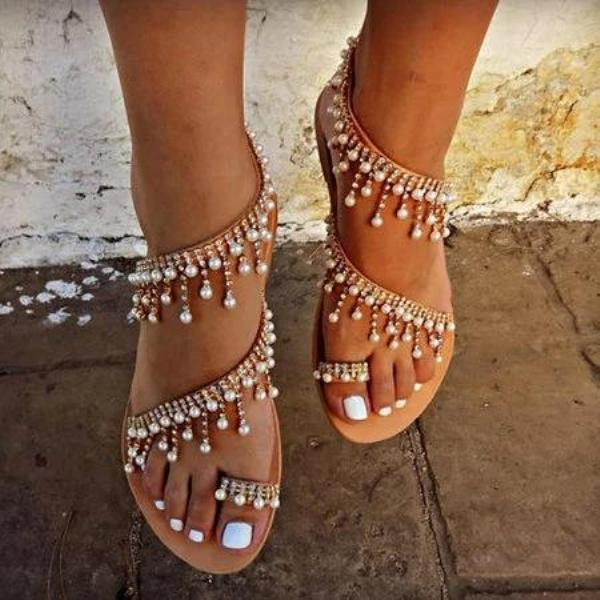 Women Leather Sandals Casual Pearls Shoes - veooy
