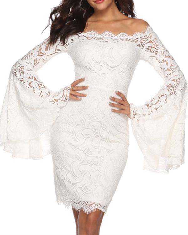Sexy Lace Flared Sleeves Bodycon Off-the-shoulder Midi Dress - veooy
