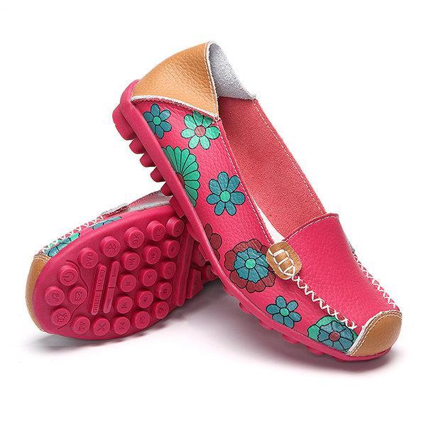 Floral Print Color Matching Soft Comfortable Slip On Flat Shoes - Veooy
