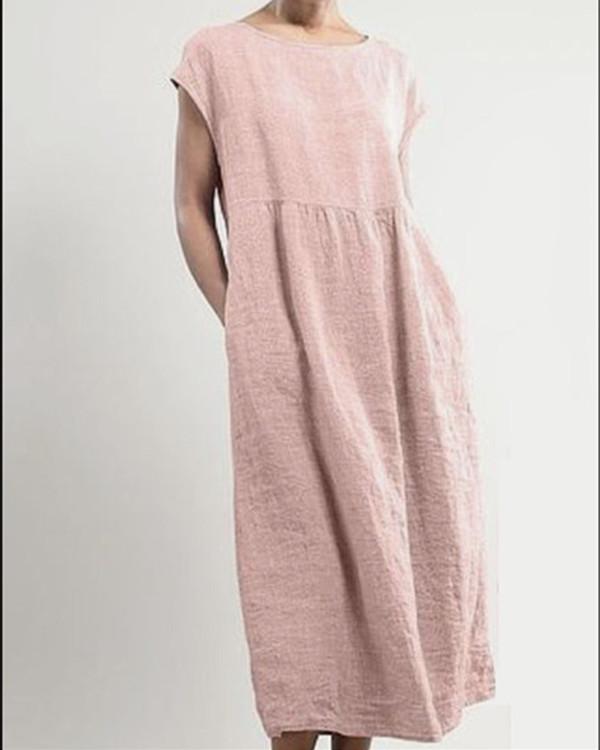 Plus-Size Women Sleeveless Maxi Linen Loose Dress - veooy