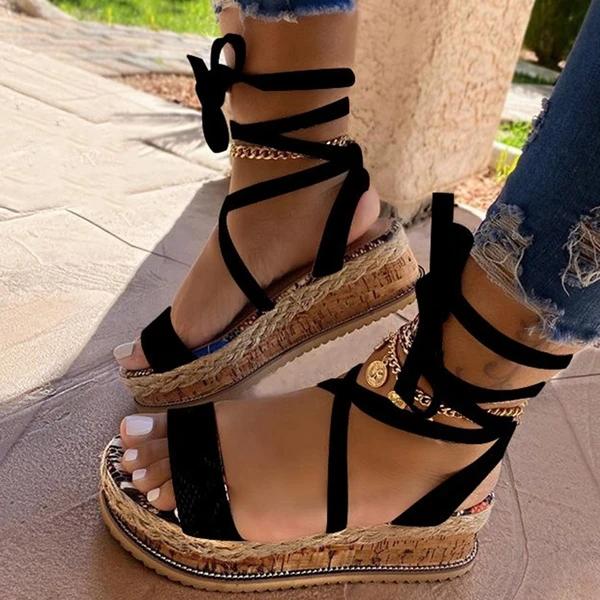 Women Large Size Lace-up Straw Sandals *