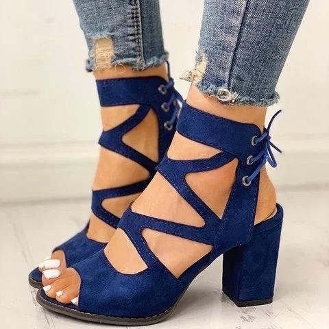 Women Lace-Up Casual Chunky Heel Pu Sandals *