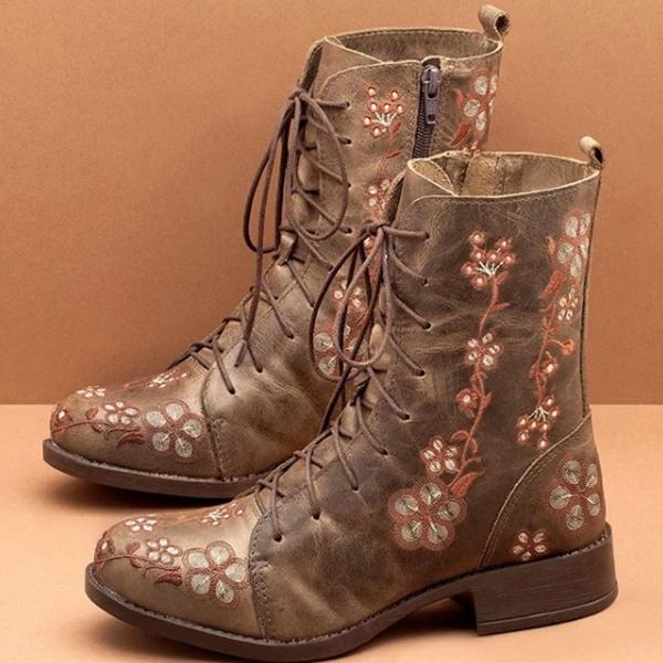Women Retro Flowers Embroidered Leather Strappy Zipper Block Heel Mid Calf Boots *