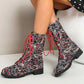 Floral Block Heel Round Toe Lace-up Mid-calf Cowboy Boots * - Veooy
