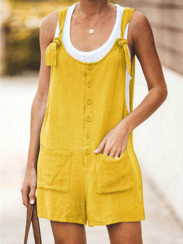 Solid Color Pocket With Cotton And Linen Strap Jumpsuits - veooy