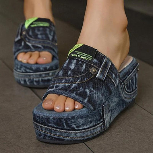 *Women Casual Comfortable Denim Pure Color Wedge Heel Sandals - Veooy