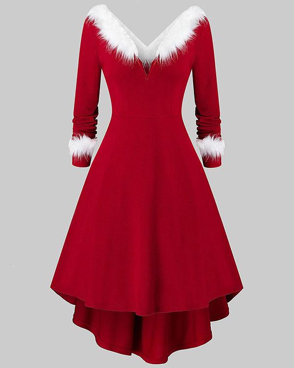 Christmas Solid Long Sleeves A-line Elegant Gown Princess Dress - Veooy