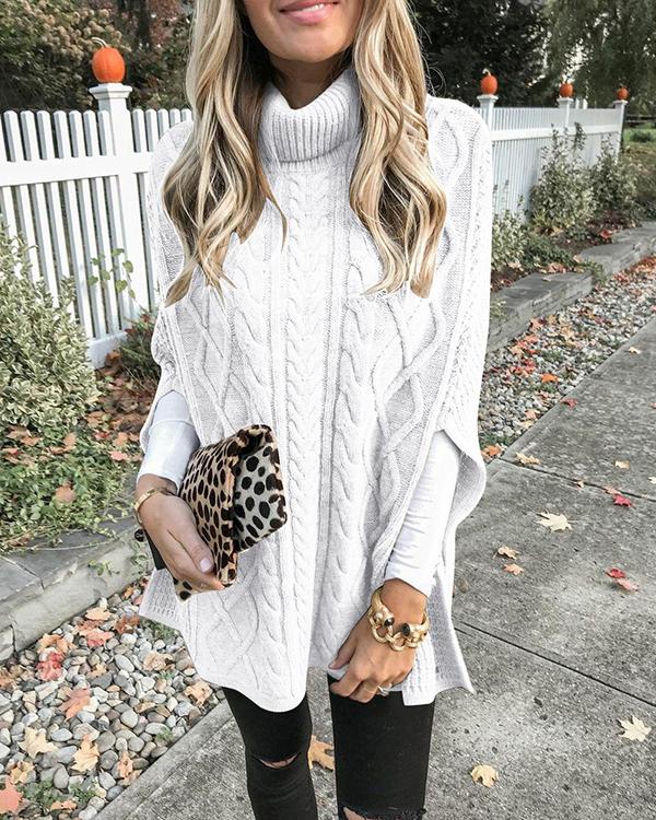 High Neck Loose Cable Knit Pattern Stitching Sweaters Tops - Veooy