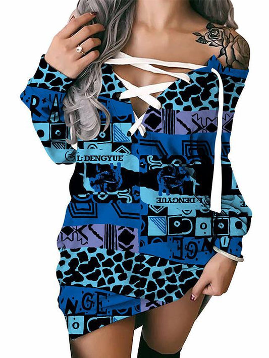 Women's Shift Dress Short Mini Dress Long Sleeve Print Lace up Patchwork Print Fall Winter Off Shoulder Plus Size Sexy Loose Blue S M L XL XXL 3XL-0222821