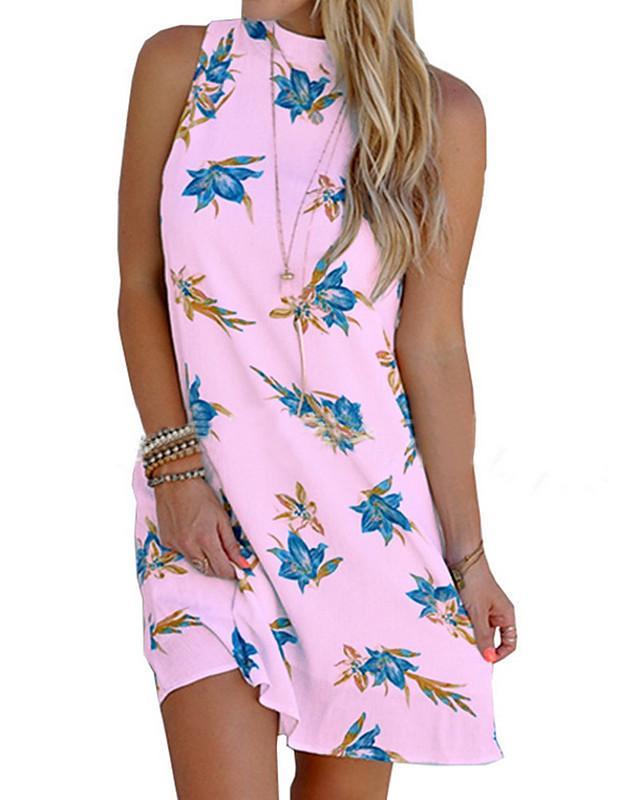 Women's Shift Dress Short Mini Dress - Sleeveless Floral Backless Print Summer Hot Casual Beach White Yellow Blushing Pink Light Blue S M L XL XXL 3XL 4XL 5XL-0218805