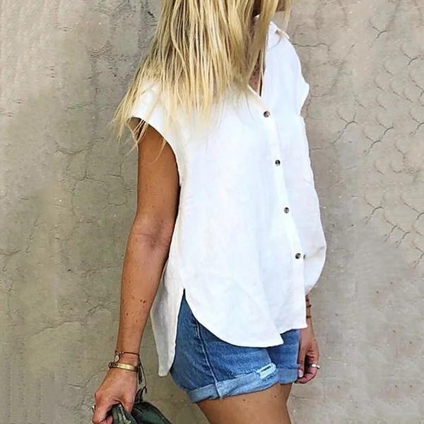 Casual Lapel Solid Color Short Sleeve Blouses Tops - Veooy