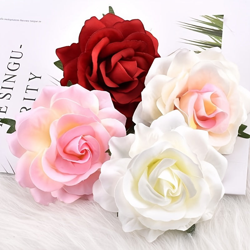 5pcs Mixed Color Simulated Rose Head, Fake Peony Flower Diy Handmade Rose Flower For Wedding Bride Headwear Accessories