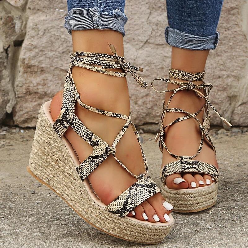 Women Cross-Strap Lace Up Wedge Sandals *