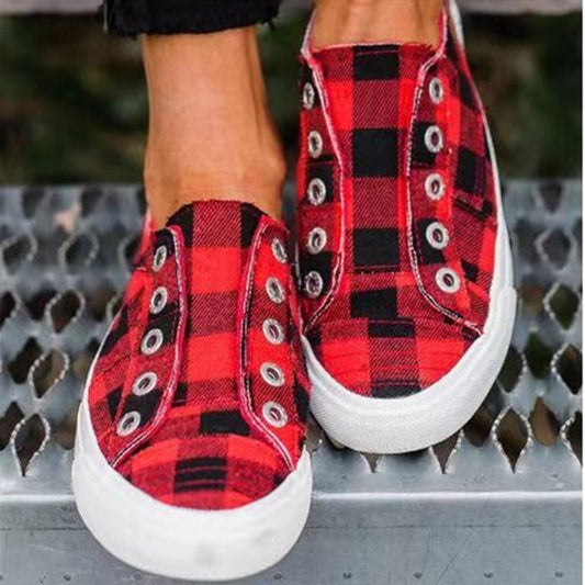 *Plaid Slip-On Round Toe Flat Sneakers - Veooy