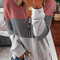 Color Block V-Neck Zipper Long Sleeves Sweatshirt Pullover