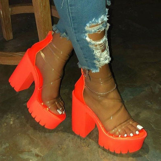 Strappy Chunky Heel Open Toe Zipper See-Through Sandals *