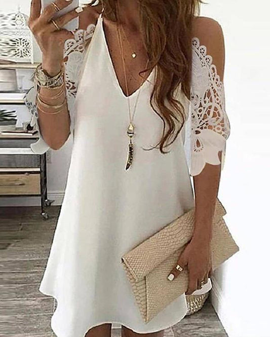 Cold Shoulder Crochet Lace Hollow Out Casual Dress - Veooy