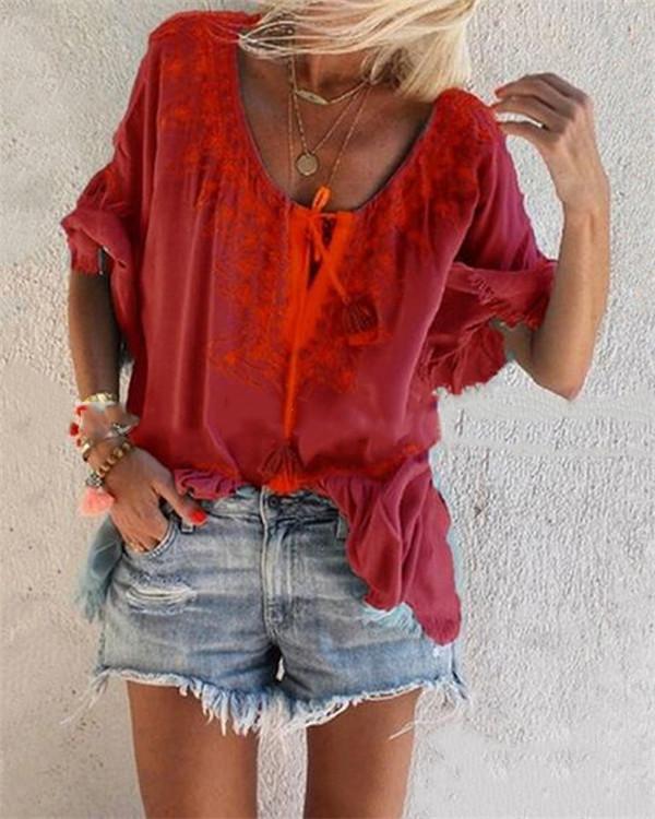 Casual Half Sleeve Floral-Print V Neck Blouses - Veooy