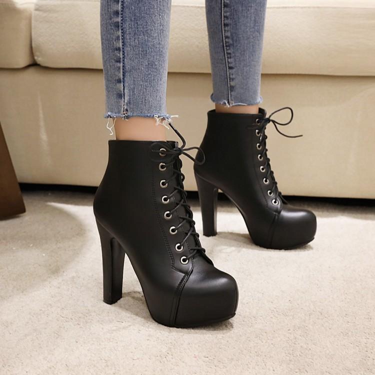 Camouflage Lace Up Platform Ankle Boots High Heels 6927 - Veooy