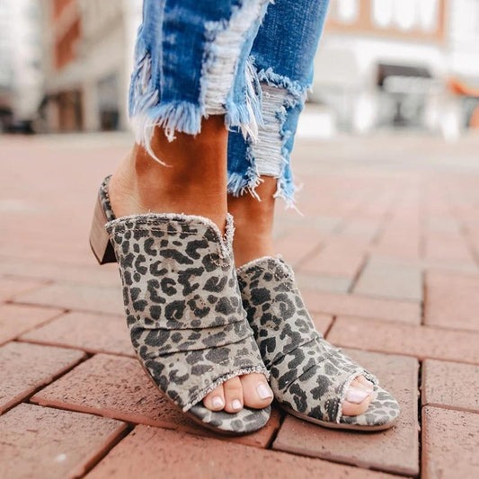 Denim Cloth Chunky Heel Sandals Mules Slippers * - Veooy