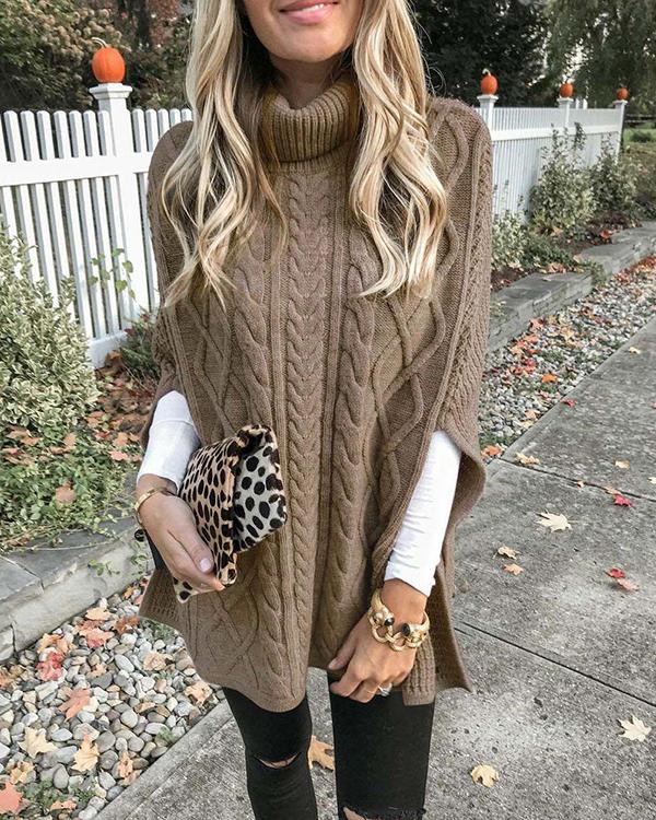 High Neck Loose Cable Knit Pattern Stitching Sweaters Tops - Veooy