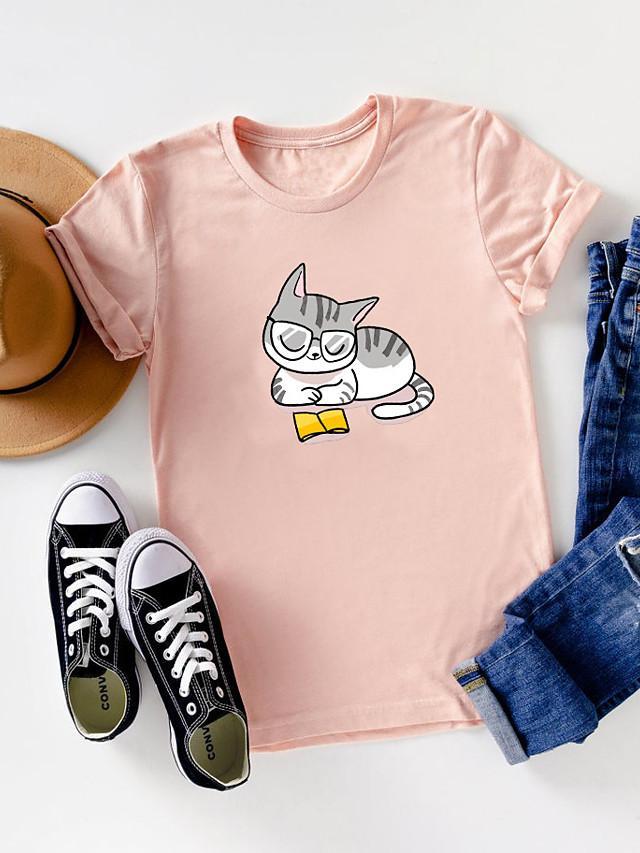 Women's T-shirt Cat Print Round Neck Tops 100% Cotton Basic Basic Top White Purple Red