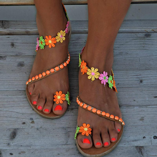 *Ladies Handmade Sweet Flower Ankle Strap Flip-flop Flat - Veooy