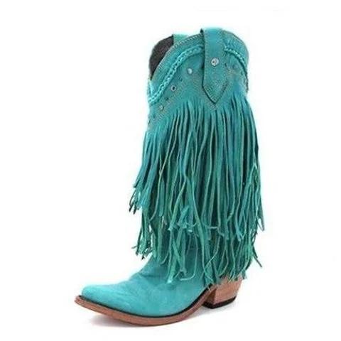 Plus Size Tassel Vintage Leather Chunky Heel Cowboy Boots *