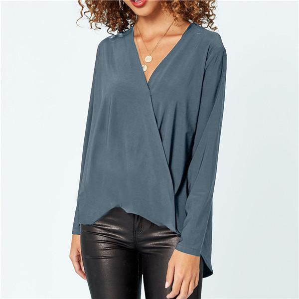 Solid Casual V-Neckline Long Sleeve Blouses - veooy