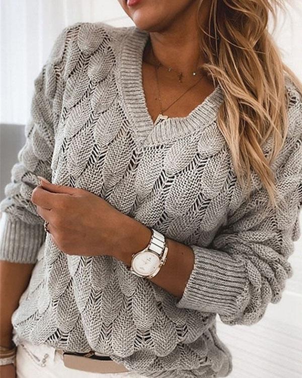 Three-dimensional Knitted Feather Hollow V-neck Long Sleeve Sweater
