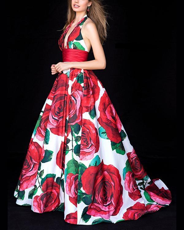 Vintage Maxi Dresses Printed  V Neck Elegant  Dresses .*
