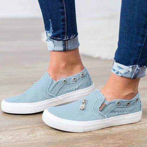 Large Size Zipper Denim Loafers Flats Canvas Shoes Women Casual Slip on *