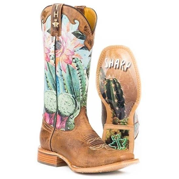 Women Flower Printed Long Calf Chunky Heel Boots *