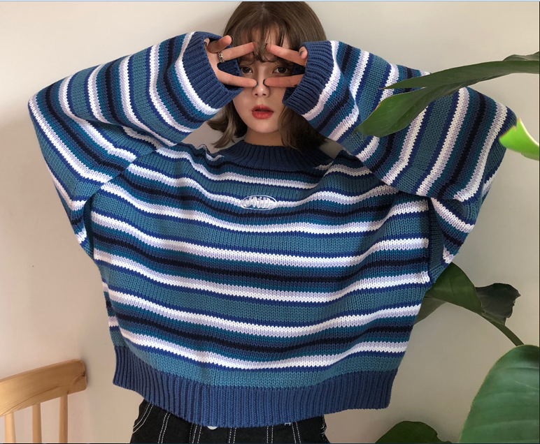 Harajuku style stripe loose knit sweater #YYL-335 - Veooy