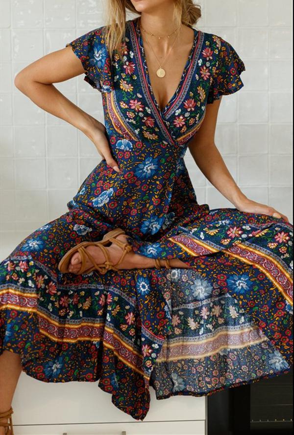 Ethnic Print Ruffled Sleeve Split Flower Wrap Belt Dress - Veooy