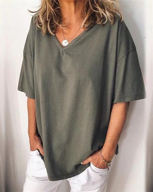 Casual Plus Size V Neck Solid Color Short Sleeve Blouse Tops - Veooy