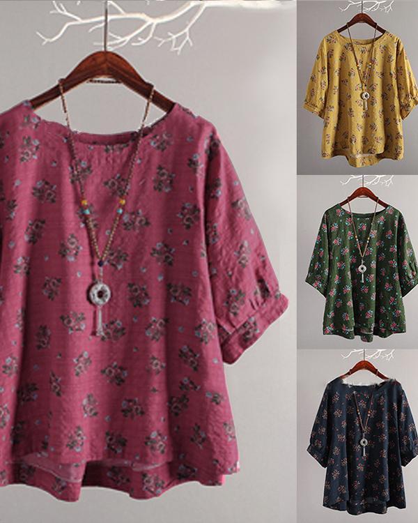 Bohemian Printed Long Sleeve Crew Neck Plus Size Blouses Tops - Veooy