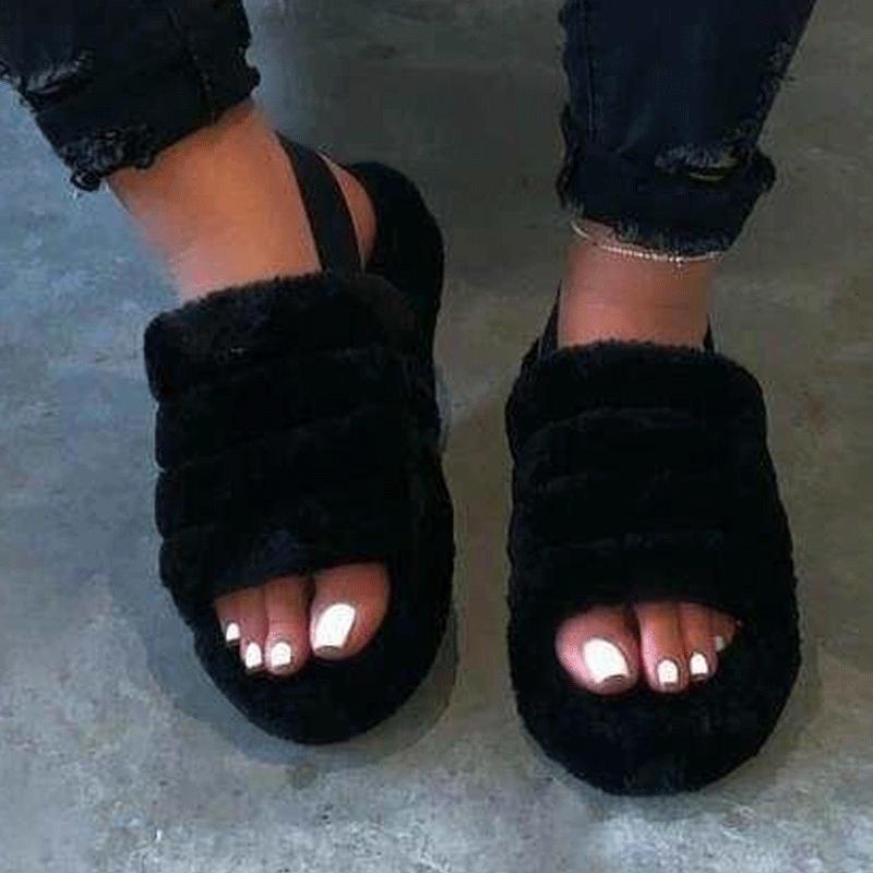 Hairy open-toed comfortably worn home slippers * - Veooy