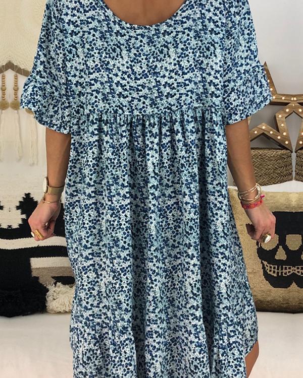 Casual Floral Printed Crew Neck Short Sleeve Plus Size Dress - Veooy