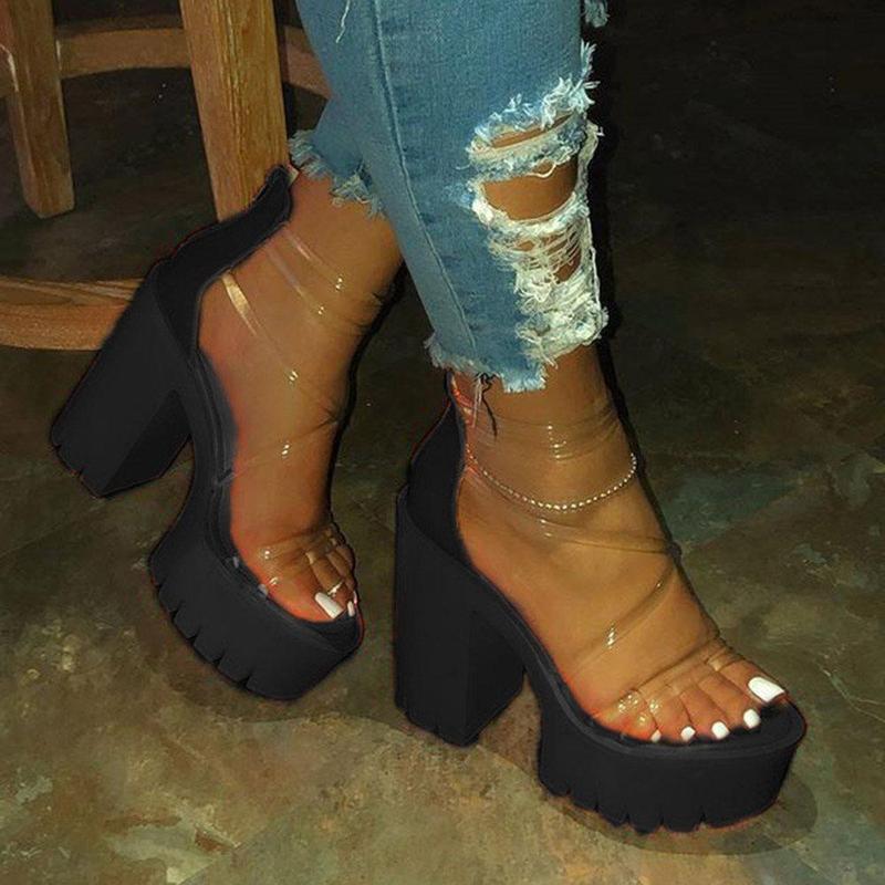 Strappy Chunky Heel Open Toe Zipper See-Through Sandals *