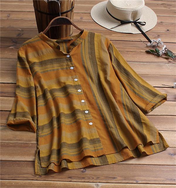 Vintage Striped Stand Collar Plus Size Blouse