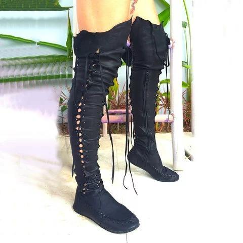 Women PU Booties Casual Lace Up Knee Length Flat Shoes *