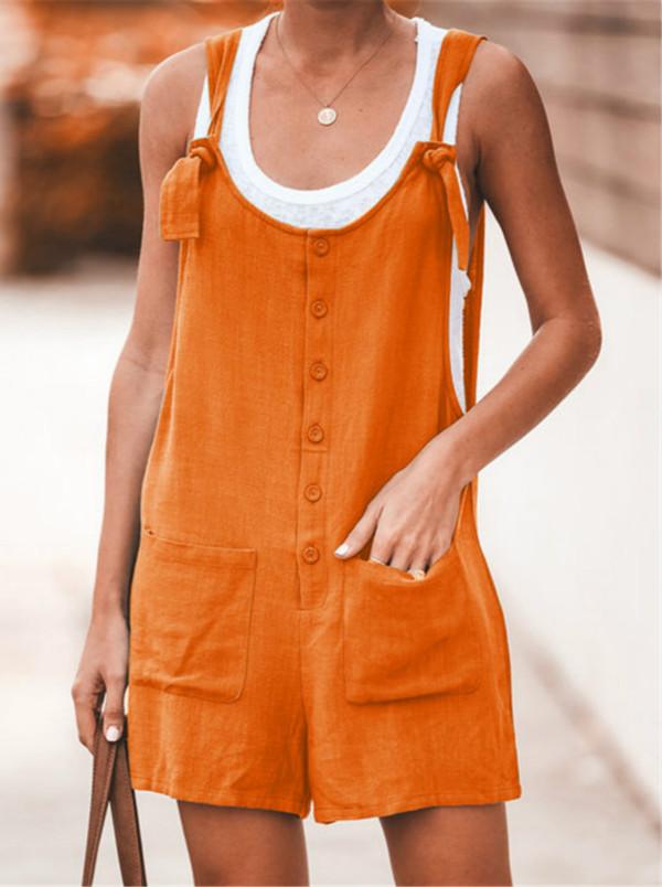 Solid Color Pocket With Cotton And Linen Strap Jumpsuits - veooy